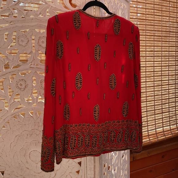 Glamorous red silk  embellished Silk women’s vintage jacket-Medium - Picture 11 of 16